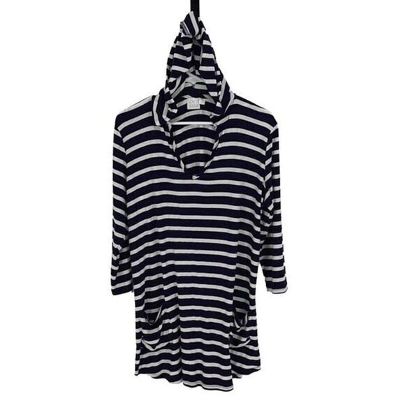 Beach‎ Break Womens Classic Striped Hooded Tunic White Navy Blue Size Large - Picture 1 of 8